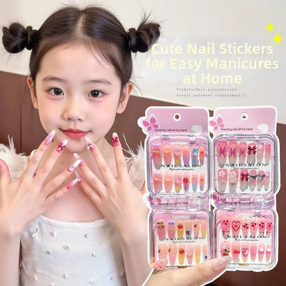 Nouveaux autocollants pour ongles pour enfants, motifs de dessins animés mignons, cerises, cœurs, longs, amovibles, pour filles et étudiantes