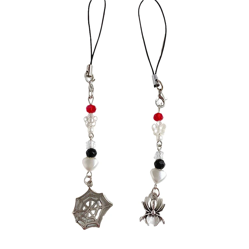 1PC Y2K Gothic Spider Web Beaded Mobile Phone Lanyard Aesthetic Cell Phone Strap Keycord Creative Spider Pendant Phone Chain