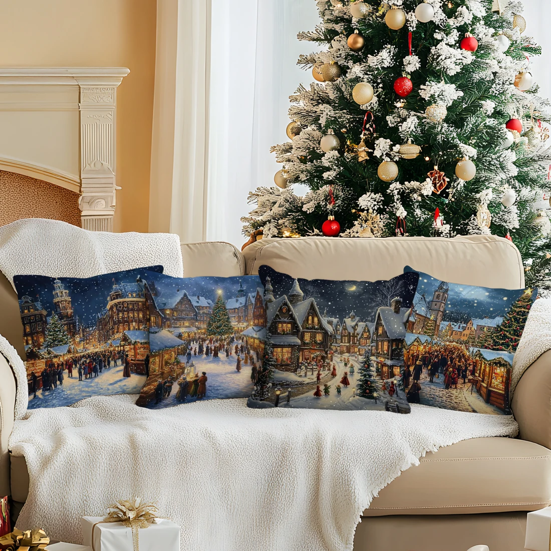 Christmas City Night View Cushions Pillowcase Polyester Cushion Cover Throw Pillow Pillowcover Home Car Sofa Decor