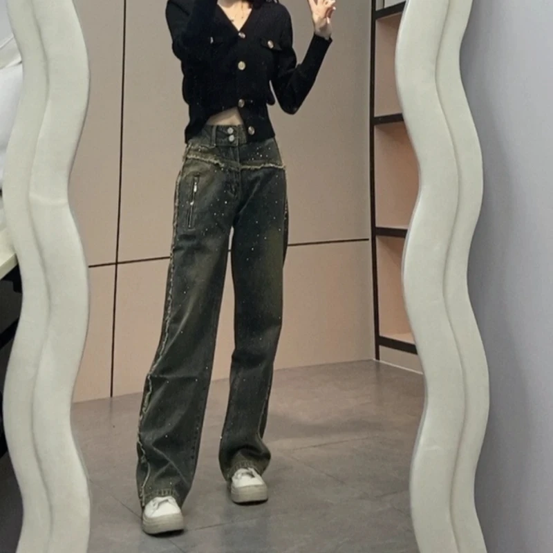 Trendy High Waist Wide Leg Jeans Women's Spring 2025 New Loose Slimming Straight Cut Pants Diamond Heat Transfer Faionable