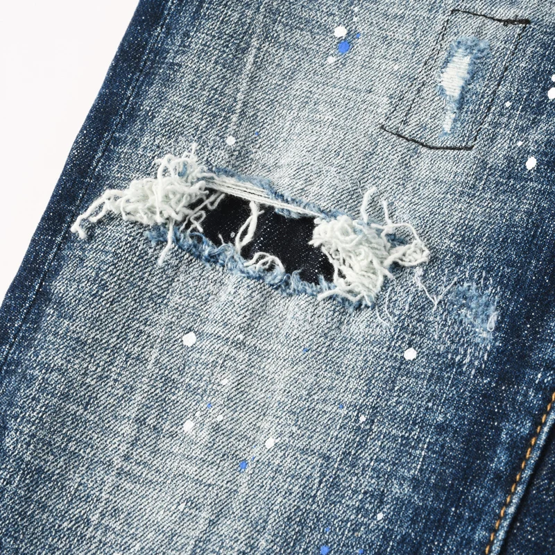 Men Dark‑Blue Patchwork Ripped Skinny Jeans, Streaky Splash‑Paint Vintage Washed Distressed Denim Pants, Mid‑Waist Stretch Slim‑