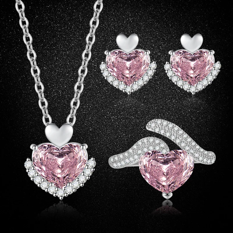 

S925 Sterling Silver Pink Heart‑Shaped Rose Cut Zircon 3‑Piece Set, Ring Pendant Earrings Necklace