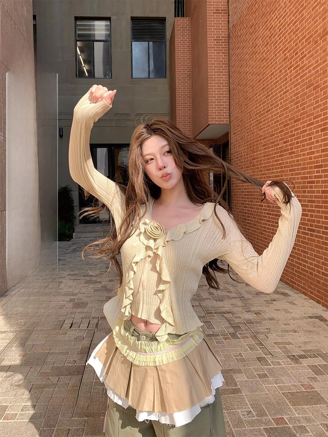 

Slimming V-Neck Knitted Set with Lace Trim Open Cardigan Casual Fashionable Women's Long Sleeve Top And Bottom Ensemble