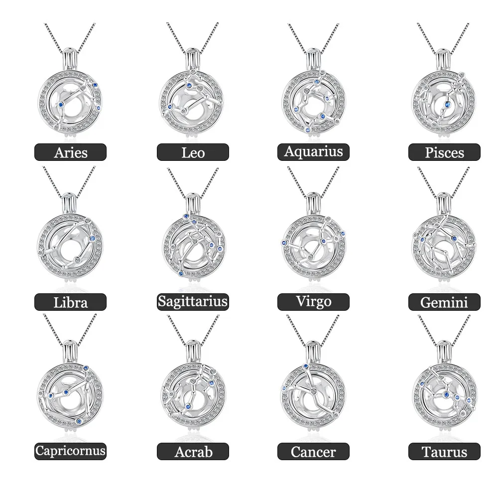 CLUCI 925 Sterling Silver CZ Classic Twelve Constellations Necklace Pendant DIY Pearl Charms Cage Pendant Fitting SC475-SC486SB