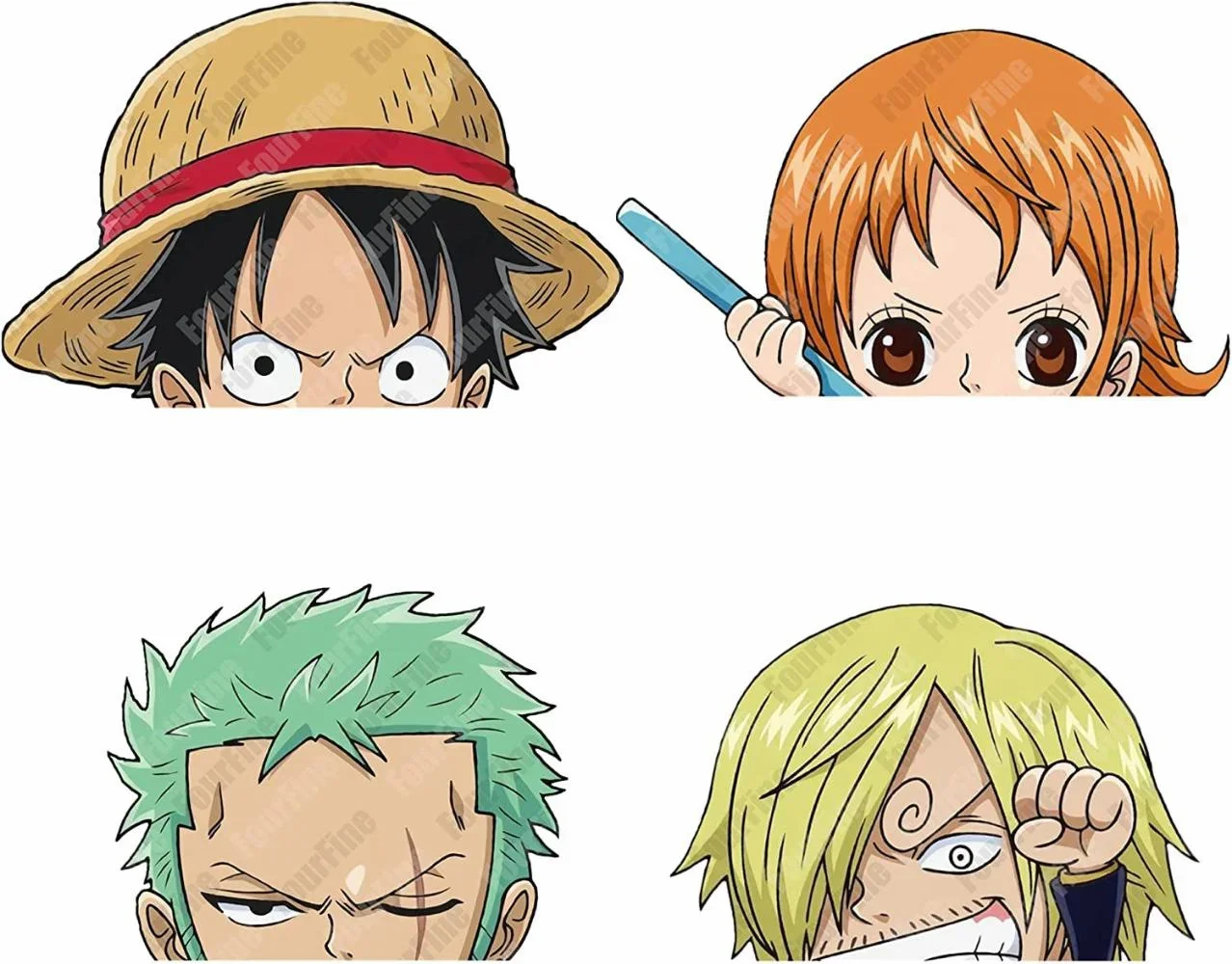 For 4 Pack One_Piece Anime Car Stickers and Decals Luffy_Peeker_Roronoa_Zoro_Nami_Sanji DIY Travel Case Motorcyle Laptop