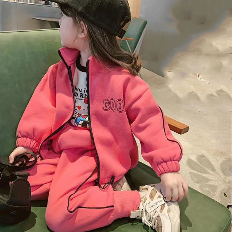 Winter Velvet Lined Girls 2 Piece Sets Thick Stand Collar Coat Tracksuit Kids Conjuntos Warm Plush Jogger Pants Children Outfit