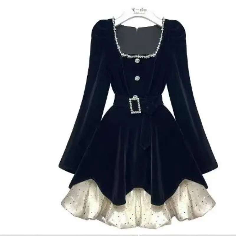 High Appearance Level Large Size Women's Autumn Dress Women's New High-end Design Sense Fashion Splicing Square Neck Waist Skirt