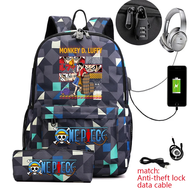 Mochila Escolar Casual Antirrobo con Estampado de Anime de One Piece Luffy, con Estuche para Lápices, para Niños y Niñas