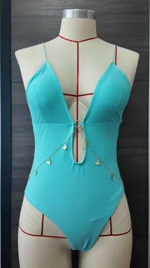 2025 New Sexy Sky Blue Chain Strapless Swimsuit Women One Piece Swimwear High Cut Bathing Swimming Suit