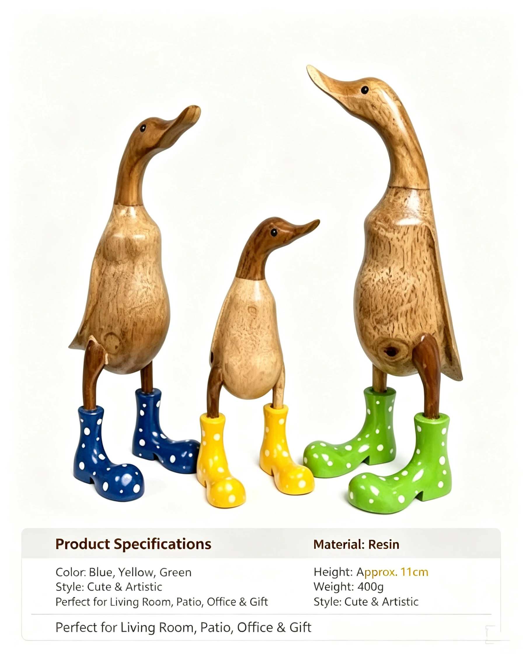 Wood-Grain Duck Figurine Boot-Leg Dotted Pattern Sculpture Stable Base Home Decor for Courtyard, Garden