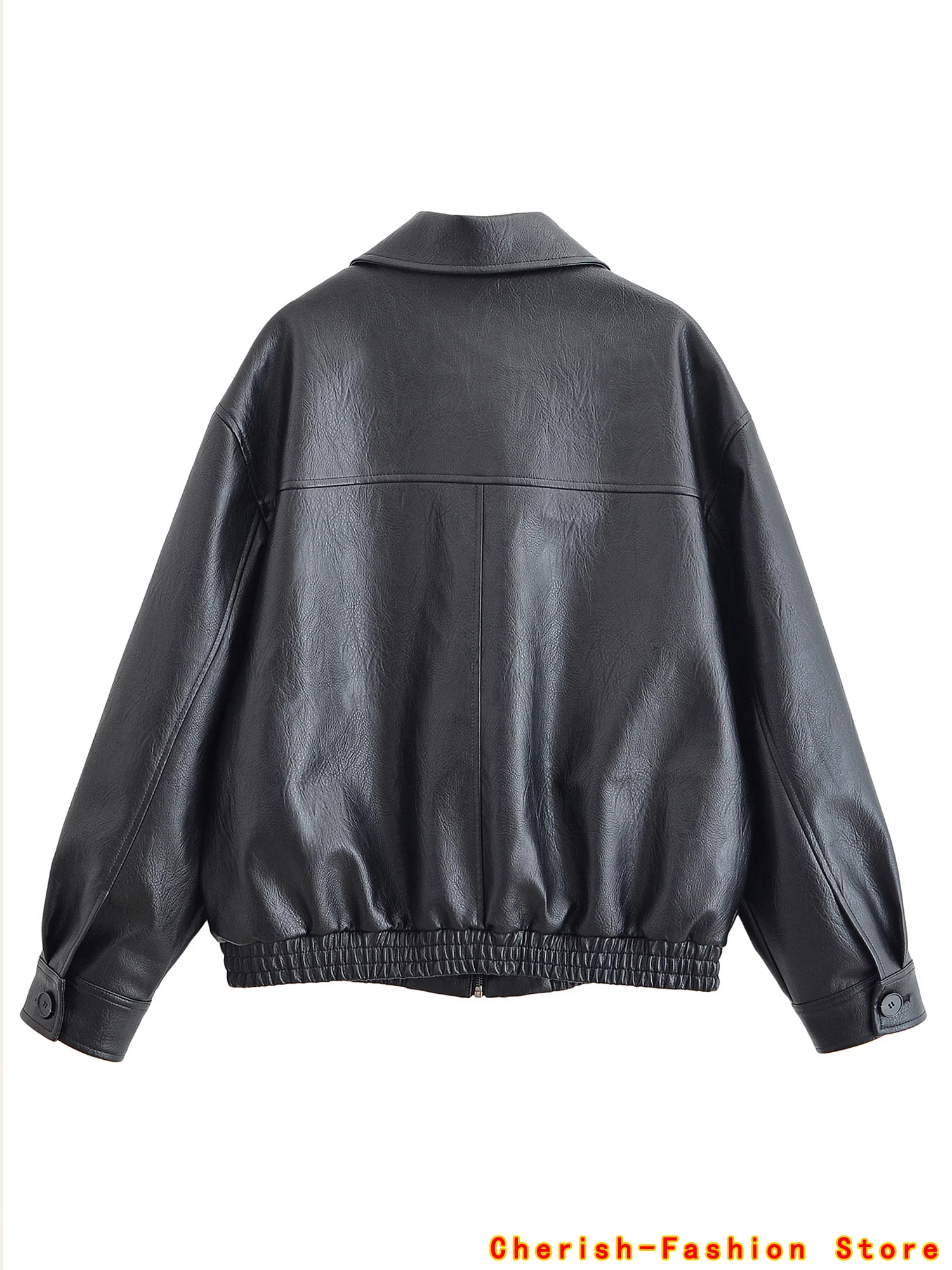 Giacca in pelle nera da donna 2025 Nuova primavera autunno moto Cappotto di marca con colletto alla coreana in pelle retrò americana di grandi dimensioni