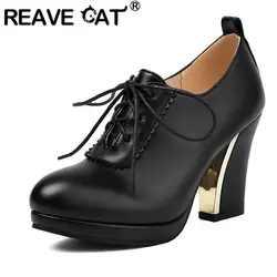 REAVE CAT stivaletti da donna con punta tonda Platform Lace Up Block Heels 9cm colore misto taglia 44 45 46 elegante donna Bota