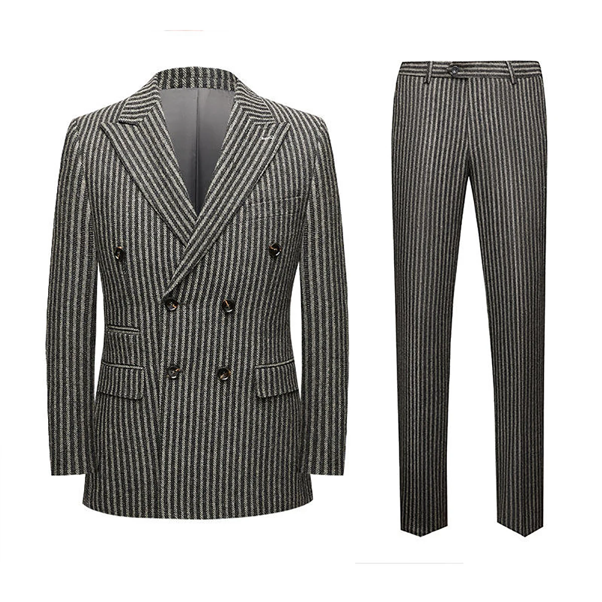 

Gray Wool Winter Men Suit's For Wedding Formal Striped Groom Tuxedos Male Fashion 2 Pieces Double Breasted Pants Sets