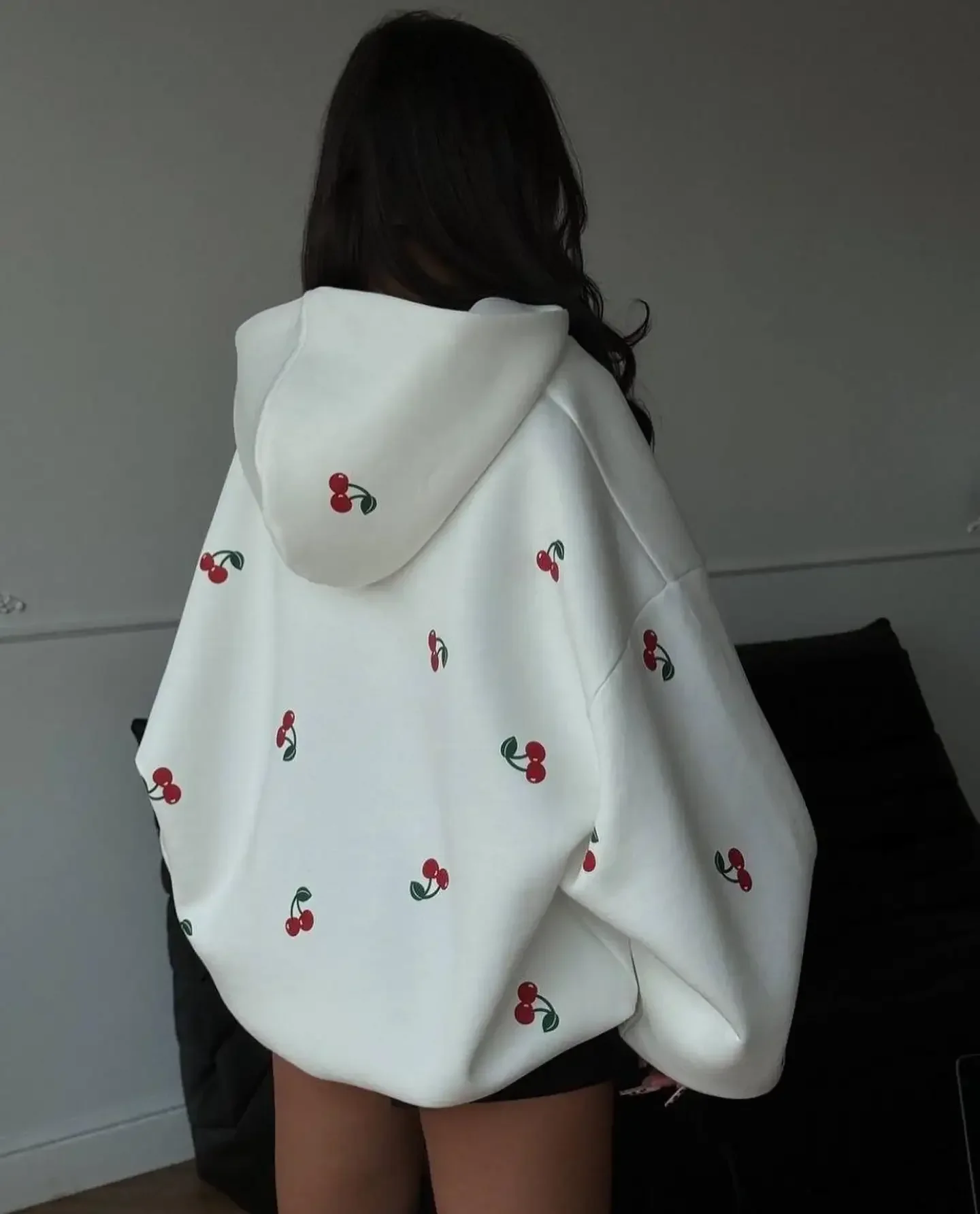 

hoodie Y2k Harajuku versatile women's autumn new Harajuku fresh style fashionable cherry pattern white zipper sweatshirt