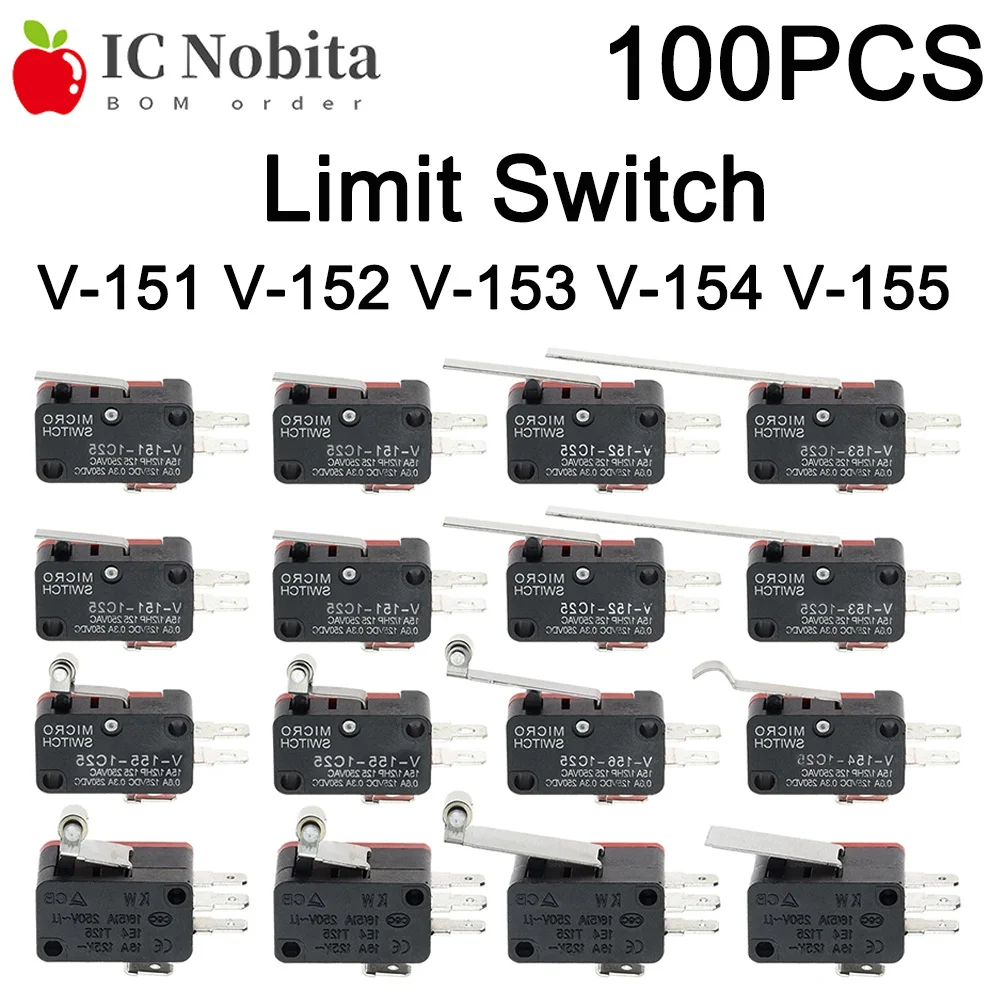 100PCS V‑15 Micro Switch 16A 250VAC SPDT Momentary Limit Switch 3/6 Pin Roller Lever Travel Switch V‑151 V‑152 V‑153 V‑154 V‑155