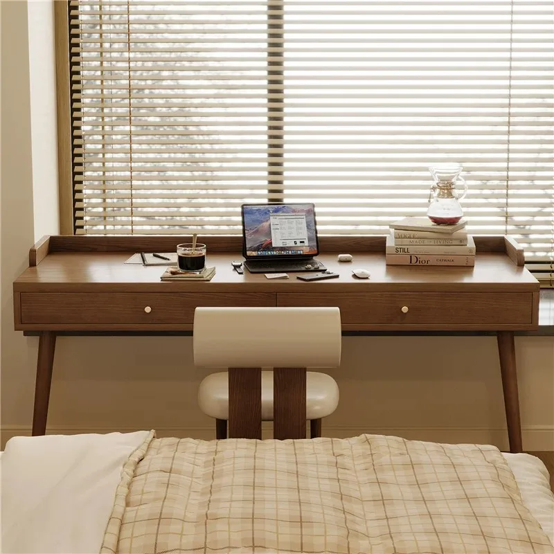 Solid wood bay window desk with drawers storage cabinet integrated high and low foot computer desk long and short leg