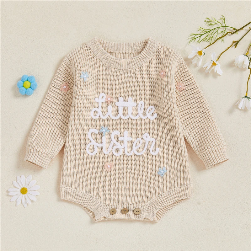 

Autumn Winter Newborn Baby Girl Sweater Romper Cute Letter and Floral Embroidery Round Neck Long Sleeve Cotton Knit Jumpsuit