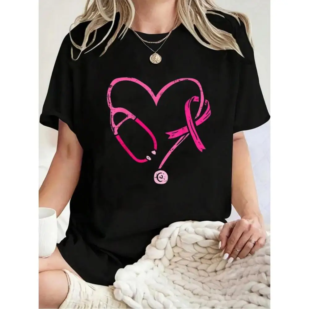 

100% Cotton Pink Stethoscope Nurse Medical Breast Cancer Awareness Women T-Shirt, Loose Streetwear, Summer Fashion Top