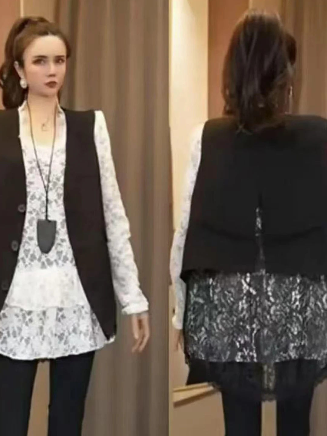 Ele ronde Ne Svel Lace Jaet damesvest Top Zwaar borduurwerk Splitsen Sle Pendelen Faion Enkele knoopsluiting