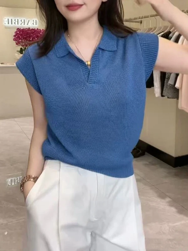 

Blue Ice Silk Neck Knitted Short Sleeve Women's Casual Versatile plus Size Summer Slimming Top Comfortable Breathable