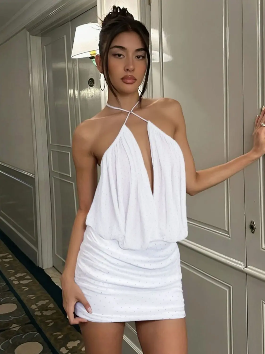 ชุดเดรสบอดี้คอนเซ็กซี่สำหรับผู้หญิง ฤดูร้อน แต่งระบายชายเสื้อ ชุดคลุมชายหาด ตัดเย็บแบบเปิดด้านข้าง ลายทาง โชว์สัดส่วน ยั่วยวนใจ