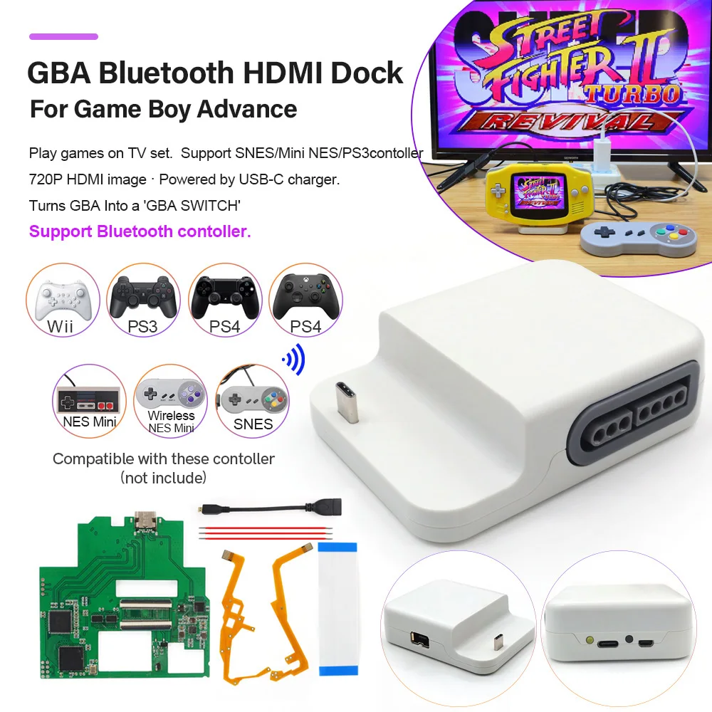 

2024 HDMI 720P GBA Bluetooth комплект док-станции V2 для Game Boy Advance GBA Поддержка Bluetooth беспроводной контроллер воспроизведение по телевизору