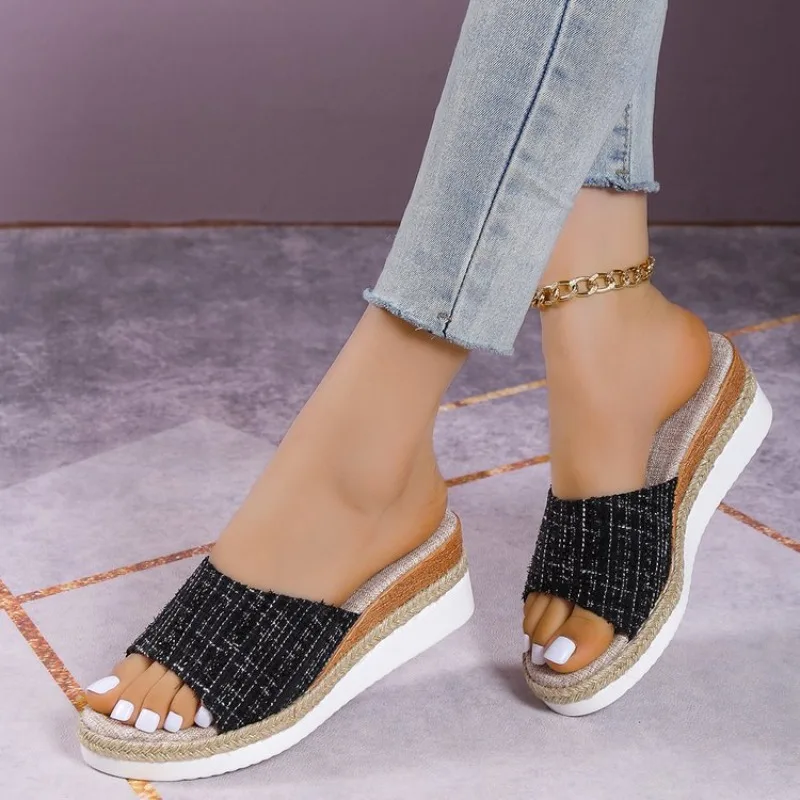 

Женские сандалии на танкетке, эспадрильи на платформе, мюли с открытым носком, летние пляжные туфли, повседневные твидовые текстурированные шлепанцы для женщин