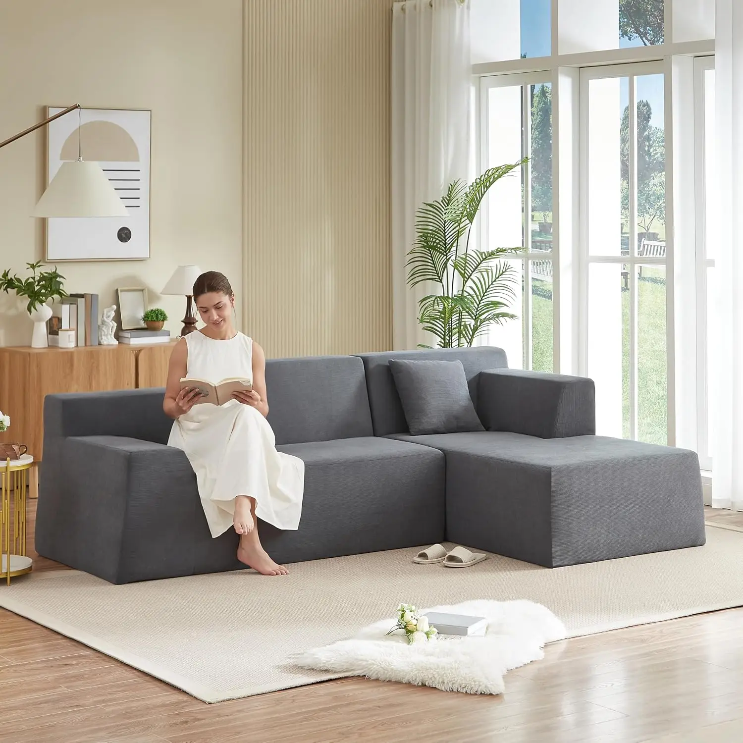 L-Shaped High Back Sofa 96 Inch Dark Gray Corduroy Fabric Ergonomic Support with Matching Pillows, Customized