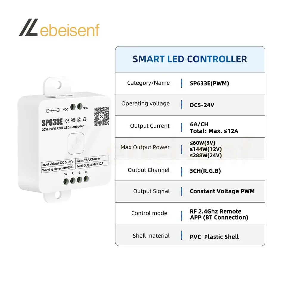 SP633E 3CH PWM RGB LED Controller colorato DC 5V 12V 24V 12A Dimmer musicale Bluetooth intelligente e pannello di controllo remoto Touch RF 2.4G