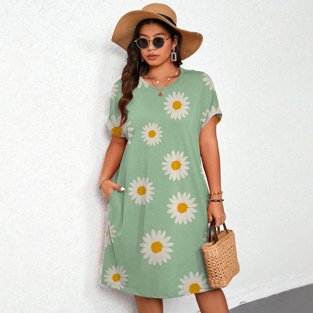 New 2025 Women's Sunflower Print Beach Vacation Style Dress Fashion Simple Flower Oversized Loose Round Neck Mini Dress Vestidos