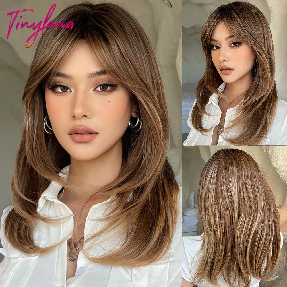 Long Straight Ombre Brown Synthetic Wigs with Bangs Brown Layered Wig Cosplay for Women Afro Daily Natural Hair Heat Resistant