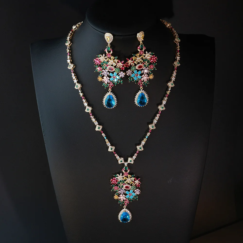 Retro Hollow Floral CZ Matching Jewelry Set Elegant Flower Pendant Necklace & Drop Earrings Ladies Bridal Party Vacation Accesso