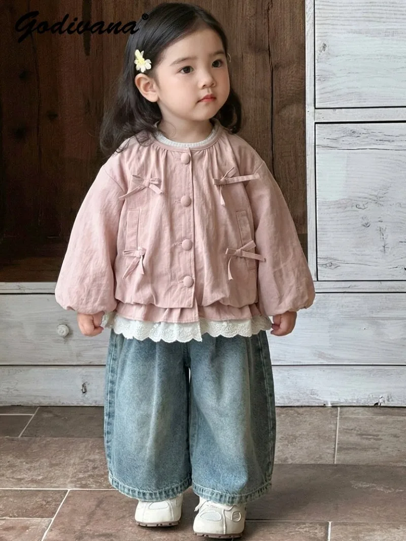 2026 Spring Cute Baby Girls Bowknot Trench Coat Lace Outfit Sweet Little Girl Long-sleeve T-shirt and Jeans Set for Chrildren