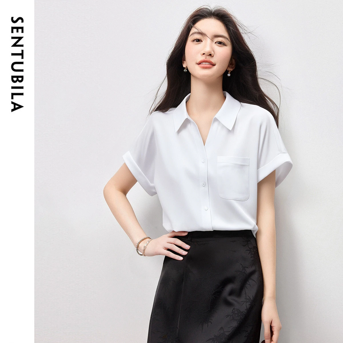 SENTUBILA Women White Short Sleeve Shirt 2025 Office Lady Turn-Down Collar Blouse Button-Up Design Breathable Tops 152C59375