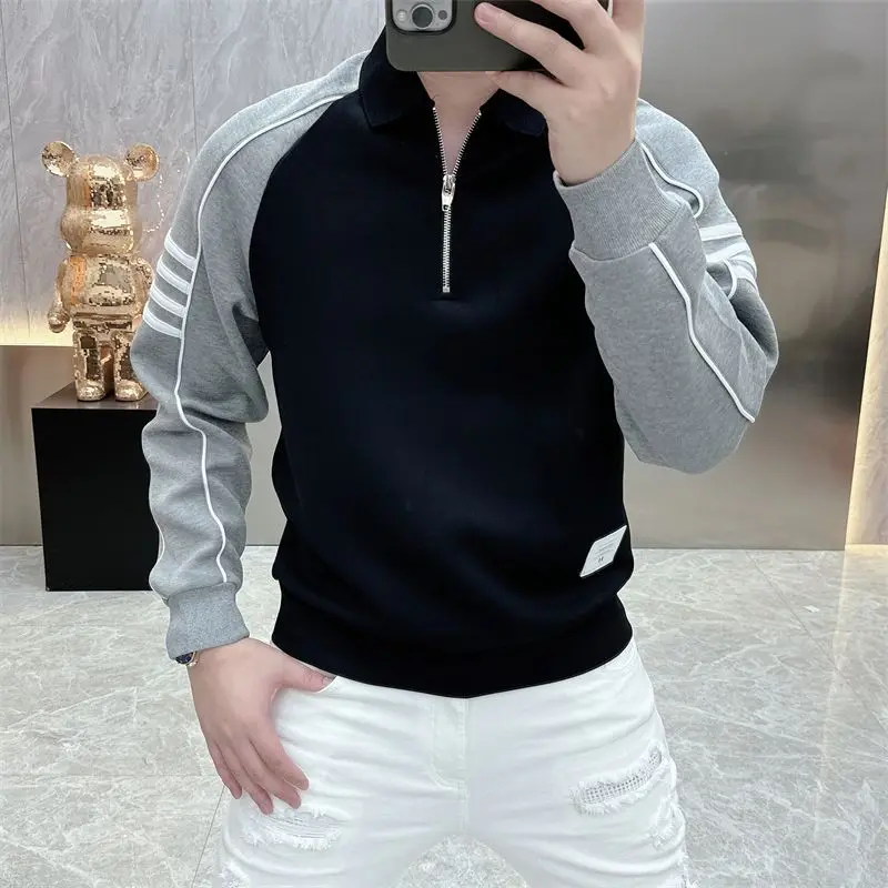 Autumn Men Panelled Bottoming Sweatshirts Personality Trendyol Slim Chic Half Open Collar Long Sleeve Panelled Casual Hoodies