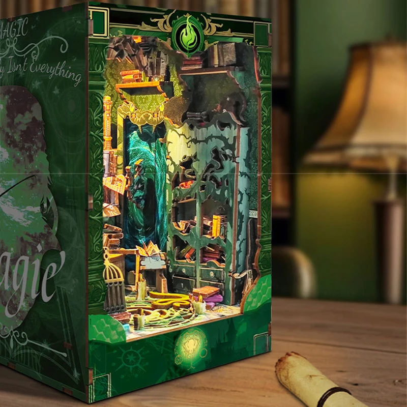 DIY Wooden Snake House Book Nook Shelf Insert Miniature Model Kits Bookshelf With Light Bookend for Friends Birthday Gifts