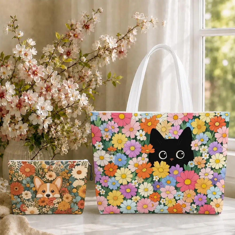 Floral Peeking Animals Storage Bags 2-Piece Set Double-Sided Printed Canvas Tote Bags with Zipper Shopping Shoulder Handbags