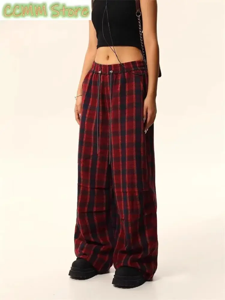 Women's Christmas Atmosphere Red Grid Drawstring High Waisted Pants Young Girl Straight Bottoms Female Wide Leg Thin Trousers