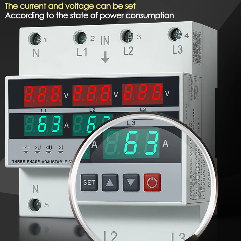 100A/63A 3 Phase Adjustable Over and Under Voltage Protector Overcurrent Protection Din Rail Voltmeter Ammeter Relays Protector