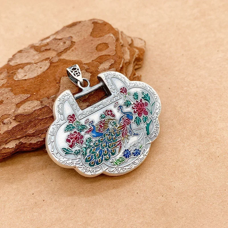 Classic National Style Enamel Colored Pastoral Style Flower and Phoenix Ruyi Lock Pendant 925 Silver Necklace for Women Jewelry