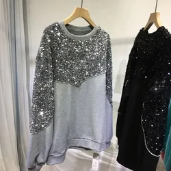 Pull gris à manches longues et col rond pour femme, sweat-shirt à capuche et paillettes perlées à la main, vêtement d'extérieur, automne et hiver