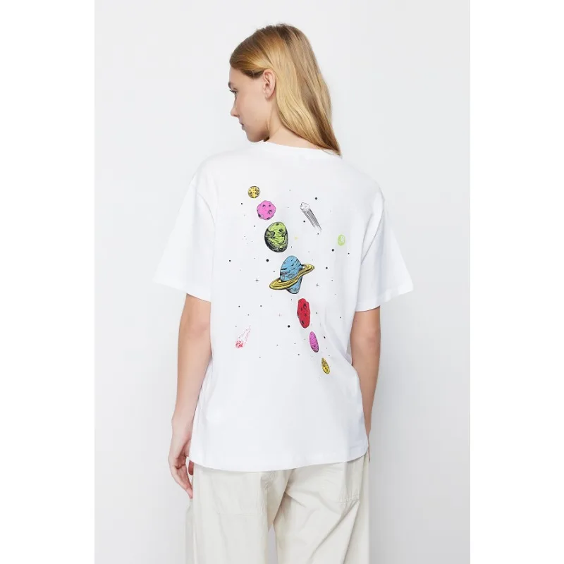 2026 Summer Women Moon Planet Print Fashion Tee Shirts Casual Round Neck Short Sleeve Streetwear Female T-Shirt Vintage Tops