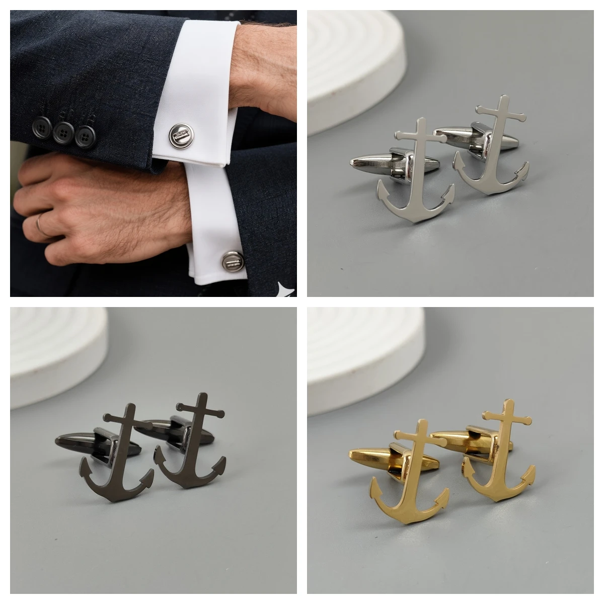 

A pair of gold-plated anchor cufflinks, black men's cufflink shirt buttons, men's suit accessory set, exquisite suit gifts