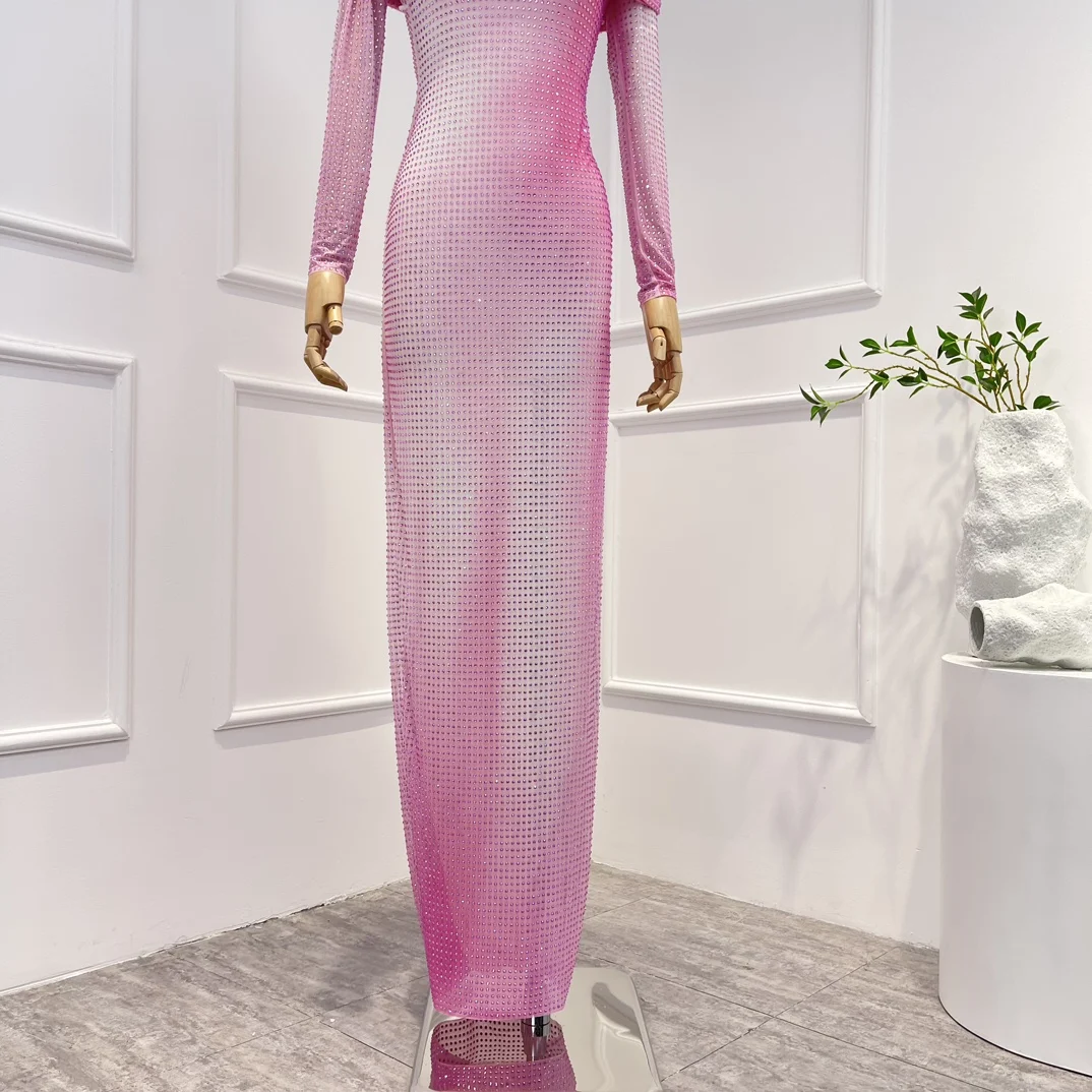 

2025 New Beautiful Pink Diamonds Off The Shoulder Long Dress for Party