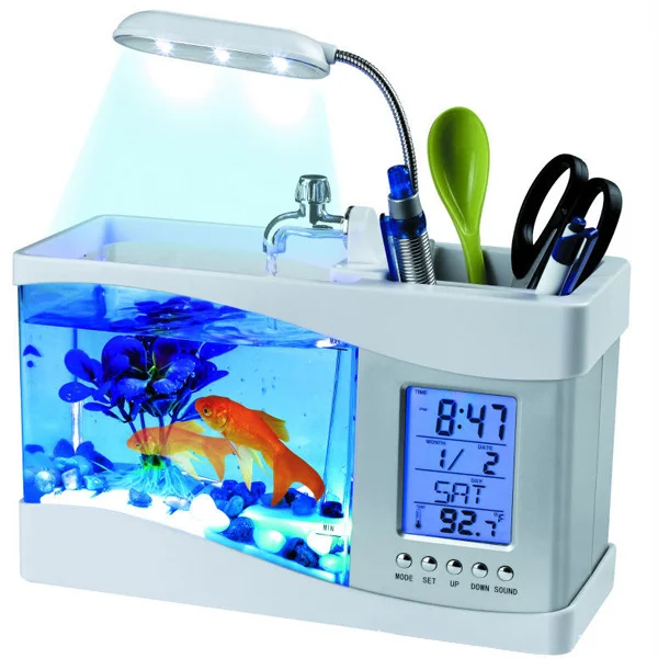 

Portable Desktop Aquarium Fish Tank 6 LED Faucet Filter LCD USB Clock Cobblestones Grass Pet Supplies Bath Tub Pen Holder