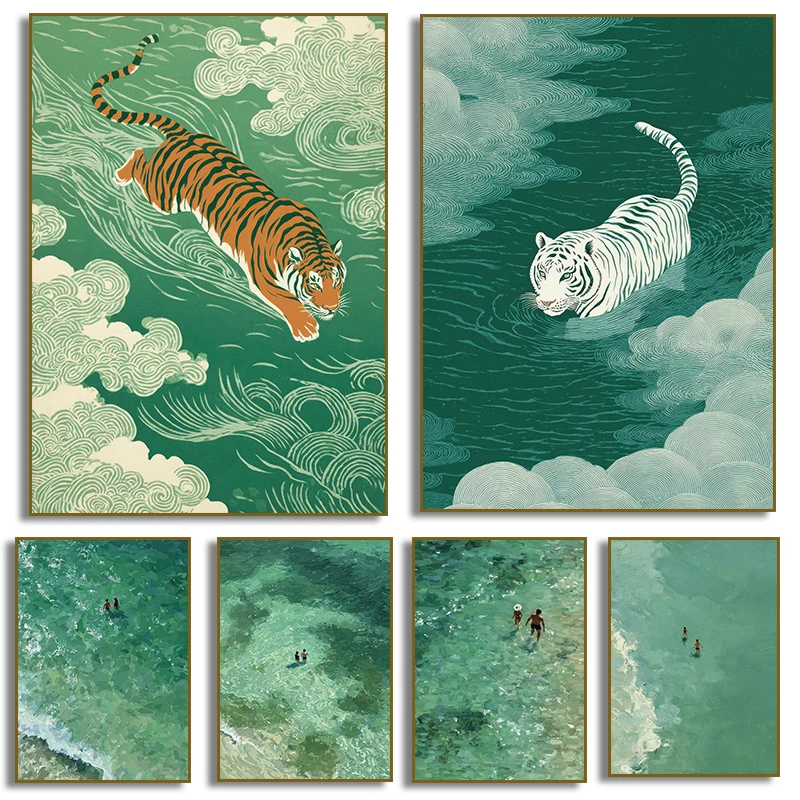 1PC--Japanese Tiger Two People Swimming Turquoise Poster Canvas Painting Print Minimalist for Living Room Home Decor Cuadros