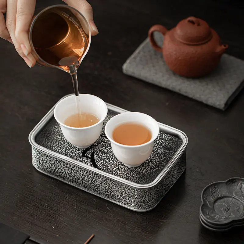 Mesa de chá pequena liga de estanho vintage, Tea Cup Mat, Tea Bearing, bandeja de imersão a seco, armazenamento de água, estilo japonês