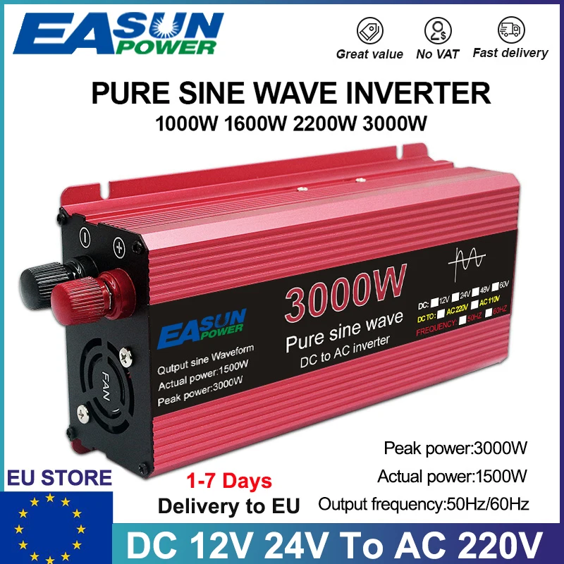 EASUN 1000W 1600W 3000W Pure Sine Wave Power Inverter 12V 24V 220V Micro Inverter DC 50/60HZ Voltage Converter Home Appliance