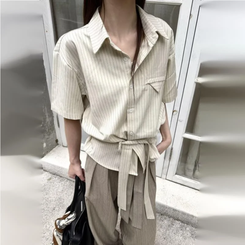 WVGA Men's New Summer Draped Anti-Wrinkle Versatile Striped Tie-Down Trendy Short Sleeve Shirt Niche Chic Casual Tops Ins W23107