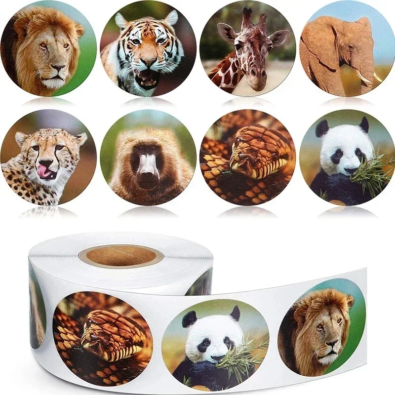 500Sheets/Roll Zoo Animal Cartoon Stickers Roll Kids Reward Stickers Lion Elephant Tiger Assorted Pattern School Teacher Supplie